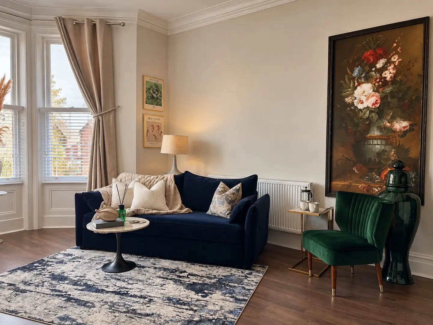 Lounge with a navy velvet sofa, green velvet chair and a large floral oil painting