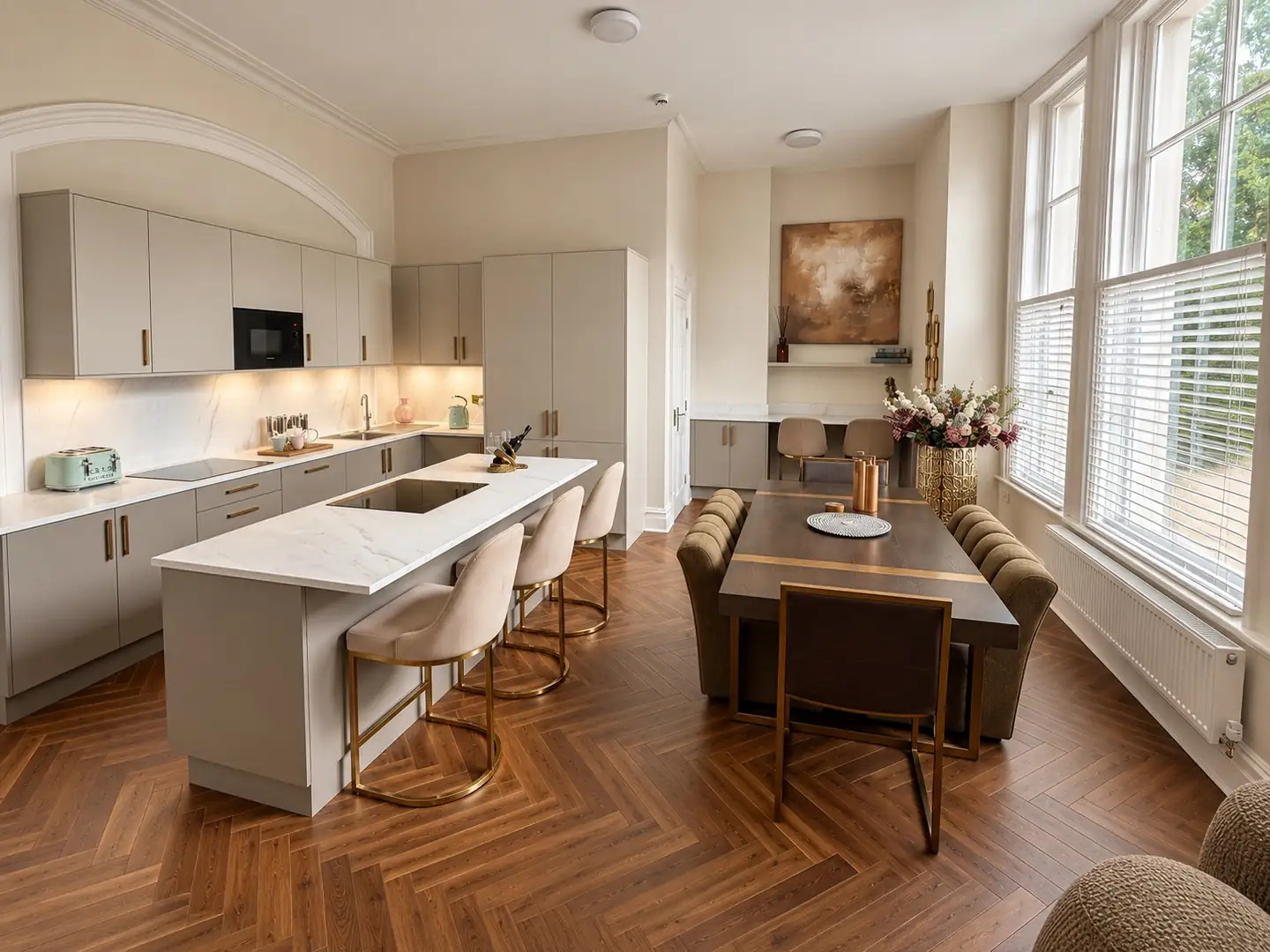 Kitchen island with bar stools beside a long dining table